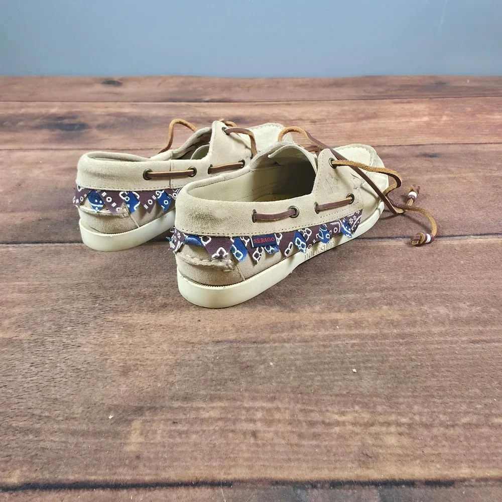 Sebago Docksides Boat Shoes Mens 8.5 Tan Suede Good Bandana Trim Leather Laces